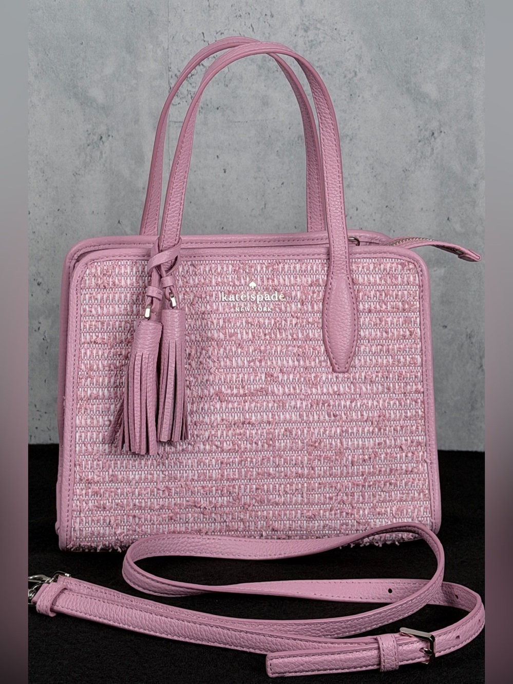 Kate Spade Rowe Summer Tweed Satchel Bag Pink Leather Crossbody Tassel Handbag